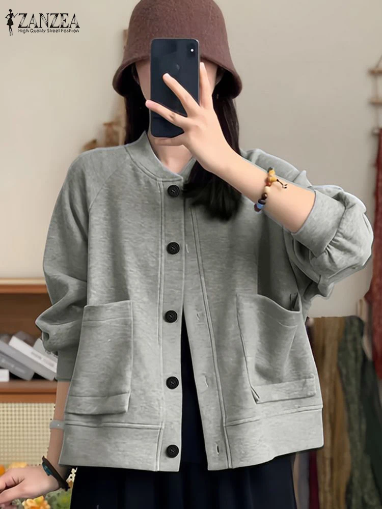 ZANZEA Women Fashion Baseball Jackets Loose Casual Button Up Patch Pockets Solid Color Coats FW 2025 Warm Woman Outerwear S-3XL