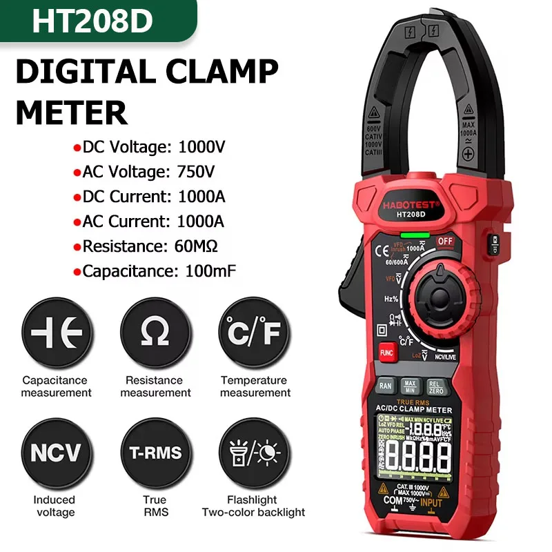

Цифровой токоизмерительный зажим HT208D, двухцветный тестер напряжения с функцией True RMS, емкость NCV, переменный и постоянный ток, 1000A
