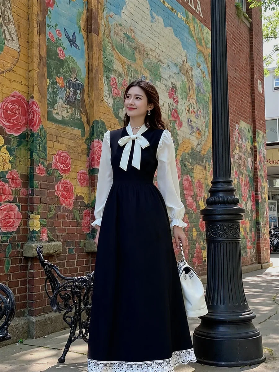 여성용 블랙 드레스 여성 긴 소매 레귤러 핏 프레피 스타일 가을 봄 린넨 컷아웃 반소매 폼핏 비대칭