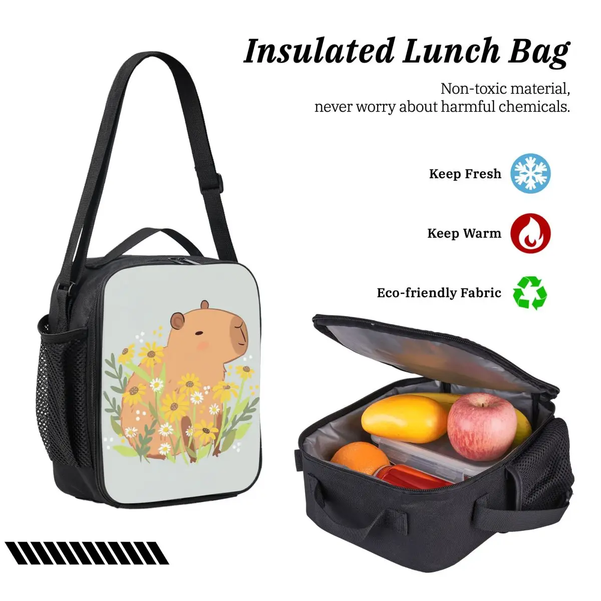 كابيبارا مع زهور الأقحوان على ظهره بنين بنات BookBag حقيبة مدرسية كمبيوتر محمول حقائب كتف 3ps معزول حقيبة الغداء مقلمة #4