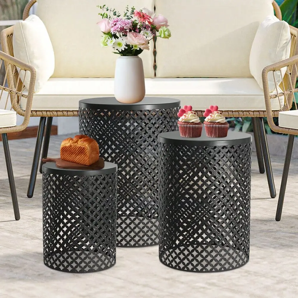 

Patio Side Table Set Of 3 Nesting Round Metal Coffee End Tables For Home Office Indoor Garden Outdoor, 20 , 16.5 , 14 H Black