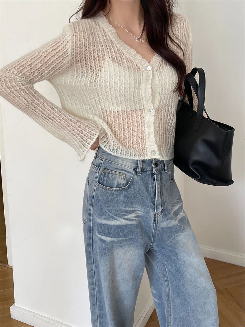Mohair short hollow slightly transparent cover shirt button solid color early spring top western-style knitted cardigan