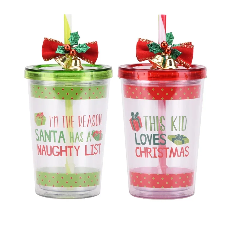 

2023 New Christmas Double Layer Plastic Straw Water Cup Bell Christmas Gift Unisex Carrying Cup