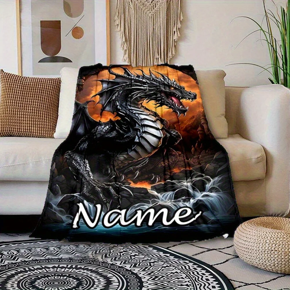 قطعة واحدة من بطانية فانيلا التنين الأسود ذات الاسم المخصص لجميع المواسم، خيار نصي شخصي، مثالي للأريكة وغرفة النوم وغرفة المعيشة