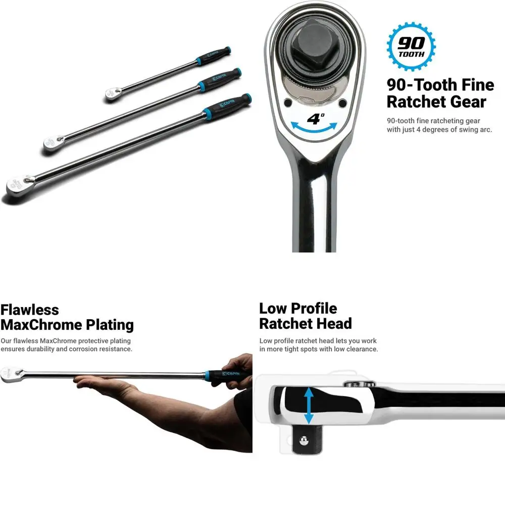 

Ergonomic 90-Tooth Ratchet Set, Soft Grip, 1/4, 3/8, 1/2 Inch Drive, 3-Piece, Extra Long Reach Tools