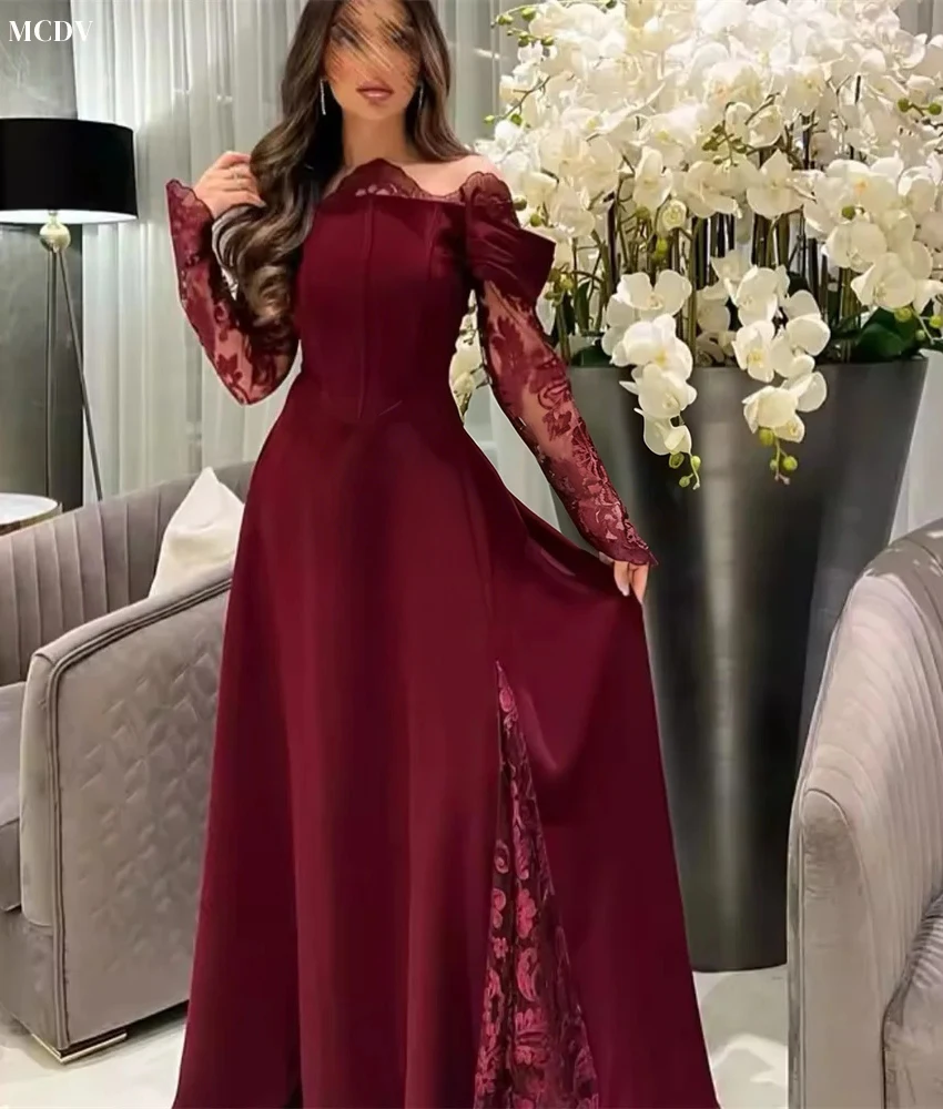 Robe de soirée en dentelle, Jersey gracieux, ligne a, épaules dénudées, tempérament, col bateau, manches longues, robes de célébrité