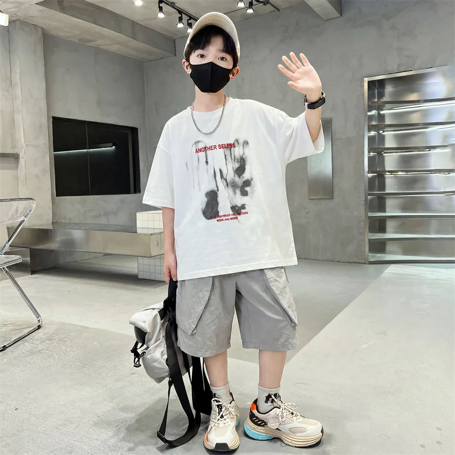 Children Summer Suit for Boy Top and Bottom Clothes Set Kids Casual Cotton Tracksuit Outfit Age 5 6 7 8 9 10 11 12 13 14 Years
