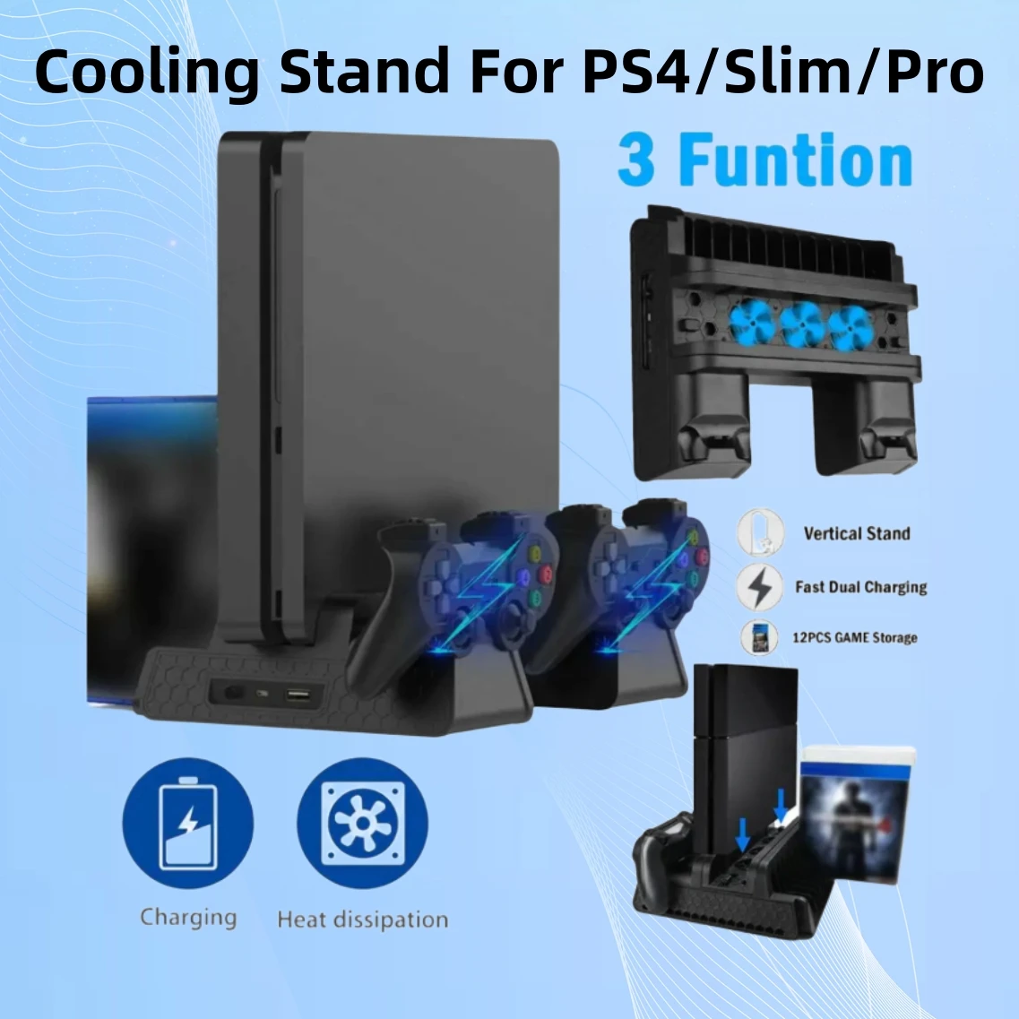 Cooling Stand For PS4 Slim Pro With Controller Charging Station Handle Charger Dock With Discs Slot Game Card For PlayStation 4