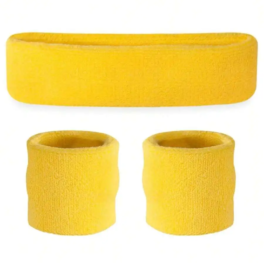 

3pcs Yellow Terry Cloth Sweatbands Set 2 Wristbands 1 Headband Breathable Athletic Sports Band For Gym Yoga Tennis