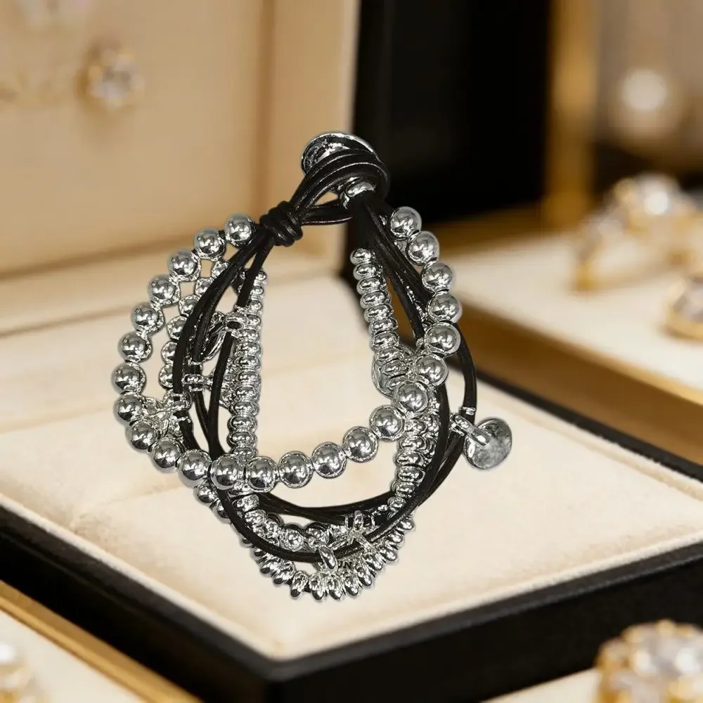 2026 Summer Daily Leisure Style Silver Multi layered Beaded Leather Rope Bracelet Jewelry Accessories Creative Gifts