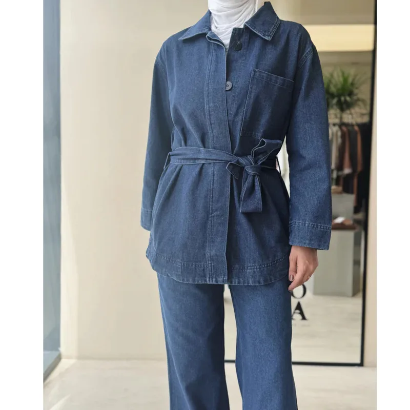 BJTZ 25 Trending Denim Co-Ord Set Damen Korsett Gürtel Top Weite Hose 2-teiliges Outfit 90er Retro Vintage Arbeitskleidung