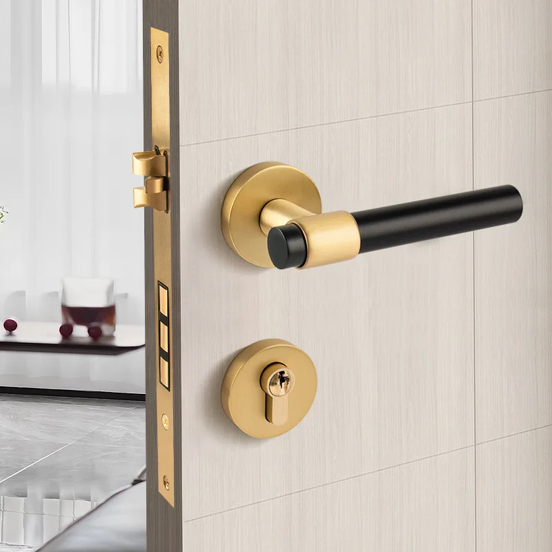 

Brass indoor bedroom door lock, golden brass American simple door handle, magnetic black split lock