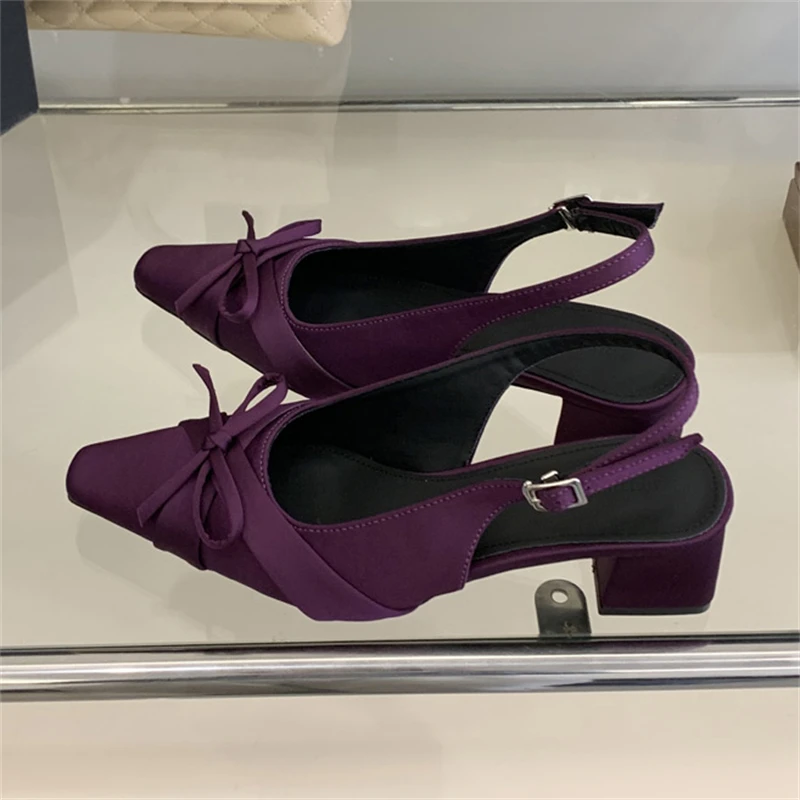 Women's Square Toe Satin Bow Decor Slingback Buckle Block Heel Pumps Elegant Office Footwear Drop Shipping Fast Ship Free Gift view 2
