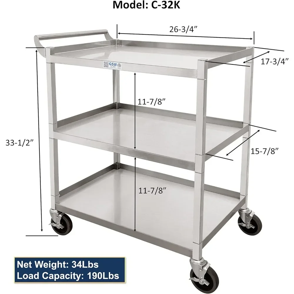 Mobile Trolley Carts Medical Carts with Wheel, Height Adjustable Stainless Steel Salon Cart Rolling Desktop Lab Cart