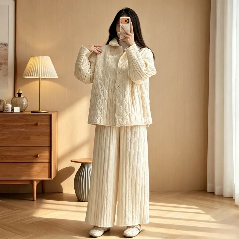 Pleated Winter New Cotton Vest Long Sleeve Jacket Simple Casual Fashion Straight Pants Thickened Padded Women's Clothing