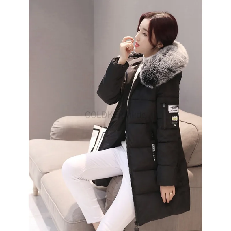 2025 Winter Warm Fur Collar Hooded Women Parka Fashion Comfortable Zipper Long Jacket Elegant Slim Thick Female Coats