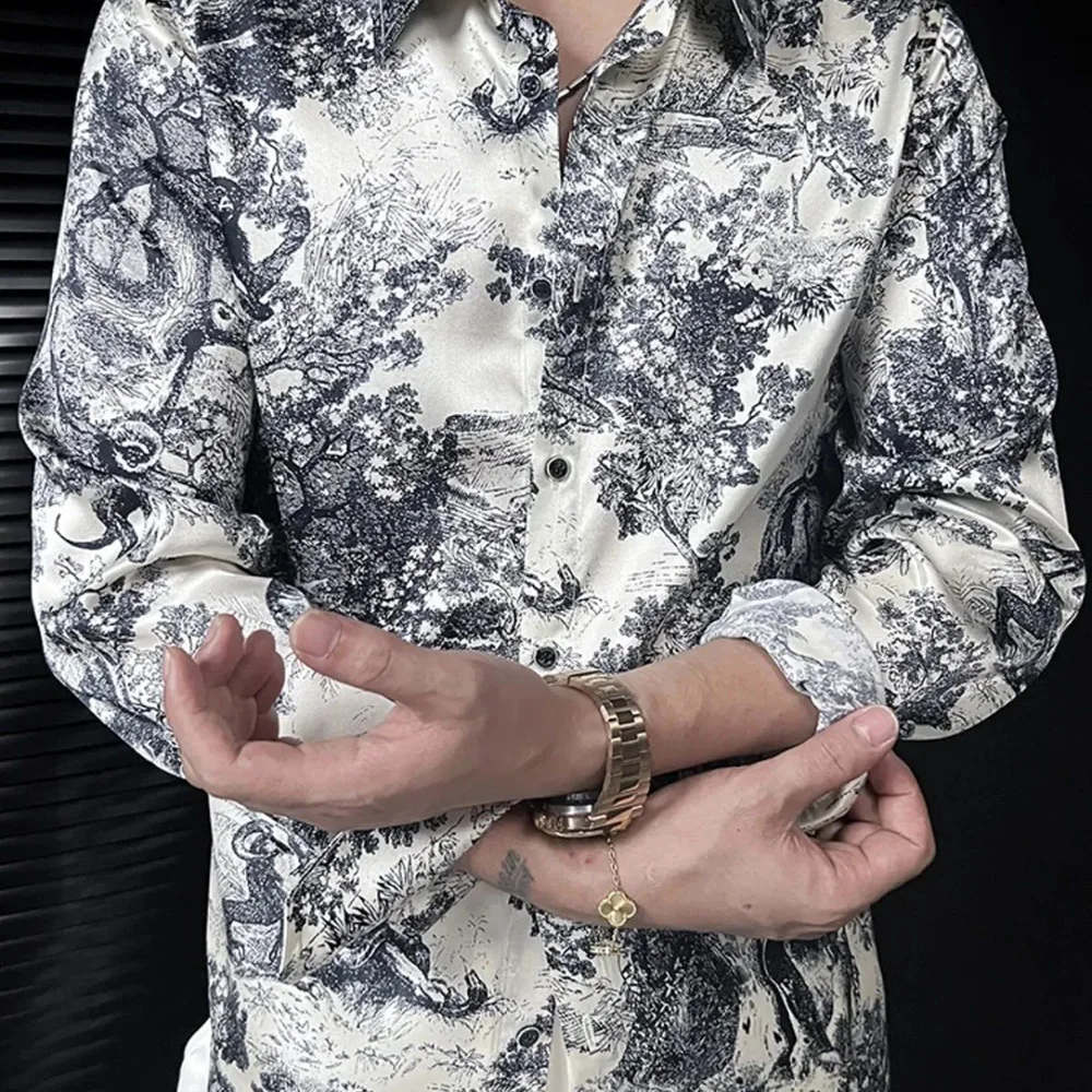 Y2k Mens Shirt Printed Pattern Long Sleeved Shirt Autumn Casual Versatile Fashion Korean Style Top Men's Clothing Unisex 2024