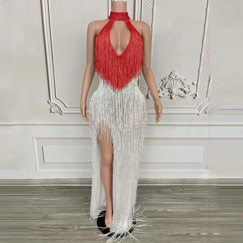 6 カラーブロックフリンジパーティードレス女性祝うフェスティバル衣装ナイトクラブバーイブニングドレスステージキャットウォーク衣装 XS10143