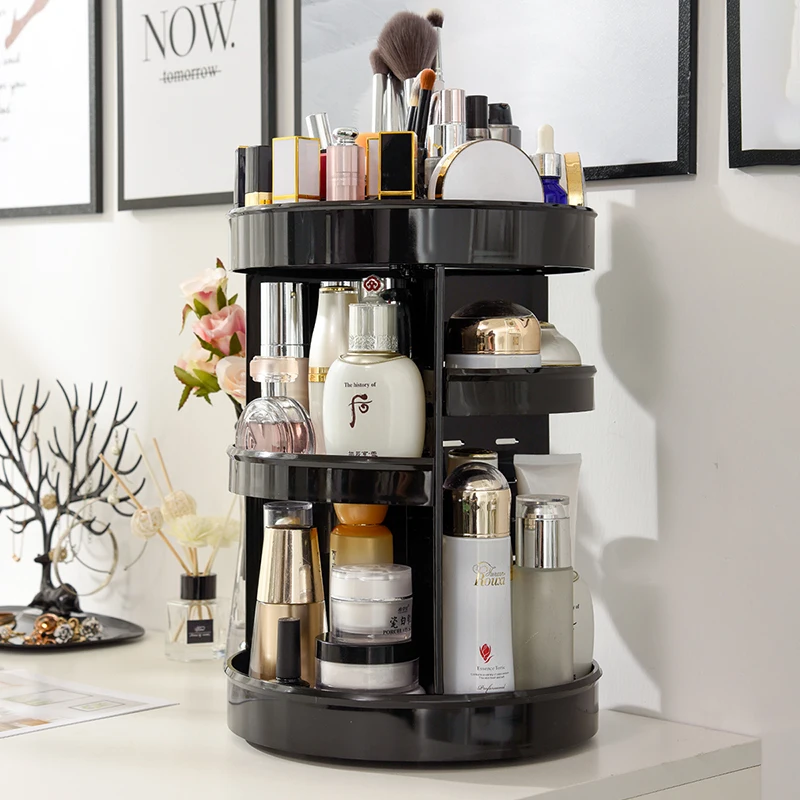 

Вращающийся органайзер для кистей для макияжа, регулируемая пластиковая полка для хранения помады и ухода за кожей, настольная полка для ванной комнаты, коробка