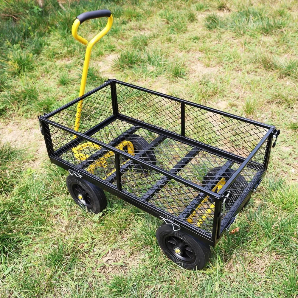 Farm and Garden Utility Wagon - Removable Sides, Heavy-Duty Dump Cart with Yellow and Black Wheels