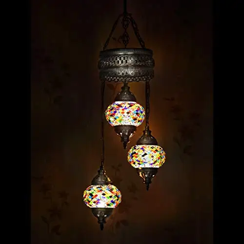 LaModaHome 35 + Unique Colors, 2020 Customizable Chandelier 3 Globes + Free 3 Bulbs, stunning Mosaic Turkish Lamp Moroccan Light