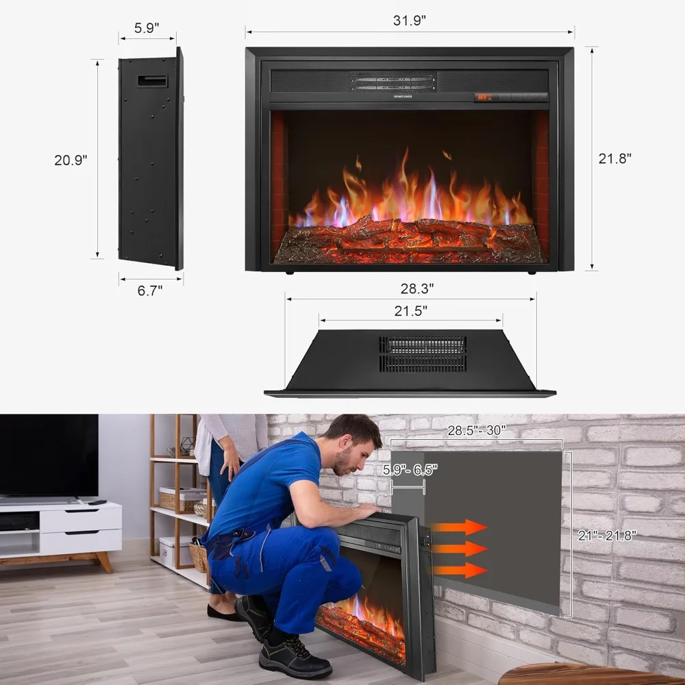 32 حشوة مدفأة كهربائية - سخان مدفأة كهربائية لغرفة المعيشة، جهاز تحكم عن بعد، 6 مجموعات سطوع