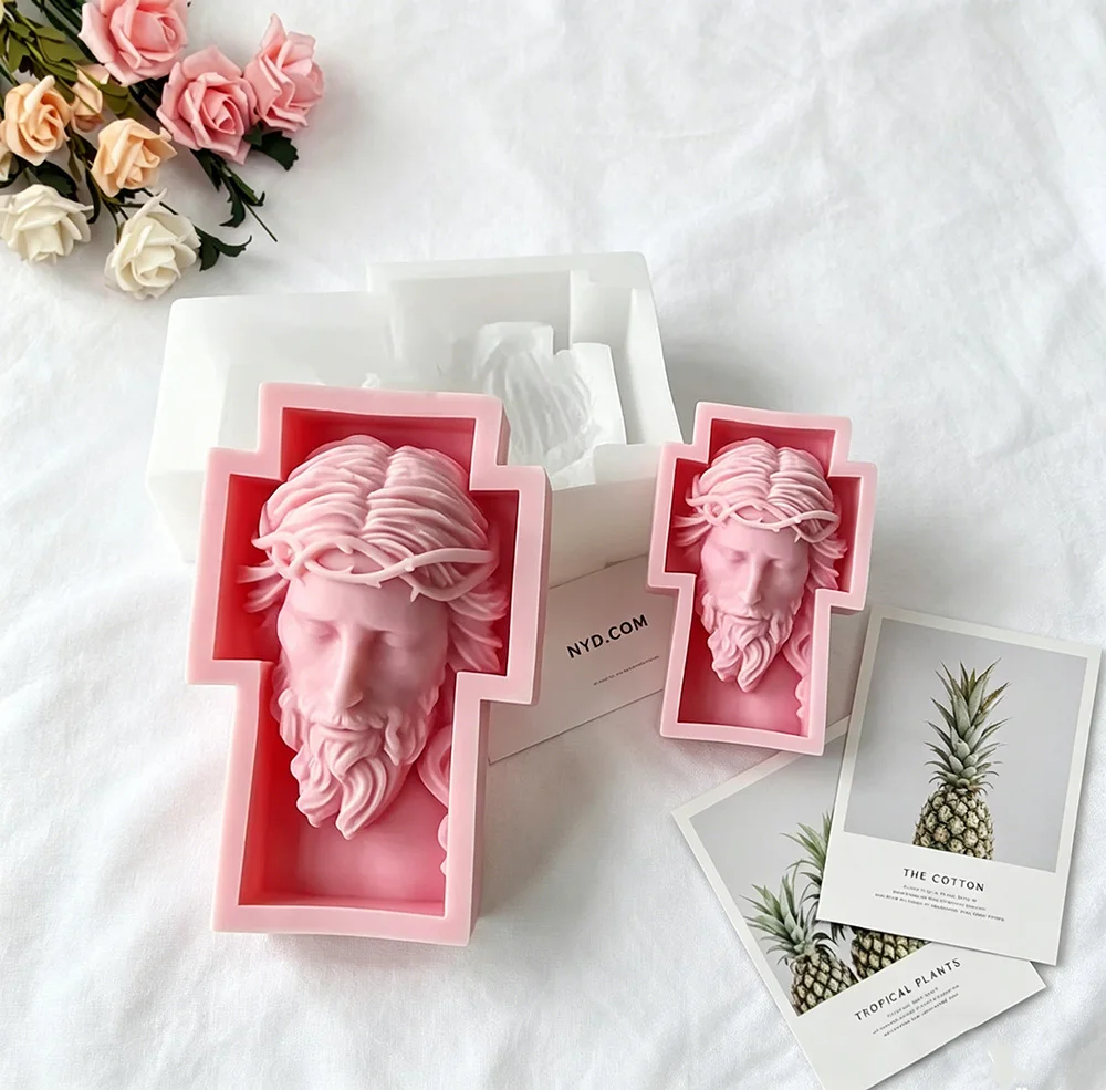 Portrait Face Silicone Mold Jesus Sculpture Cross Aroma Candle Resin Plaster Ornament Mold Home Decor Crafts Making Mould