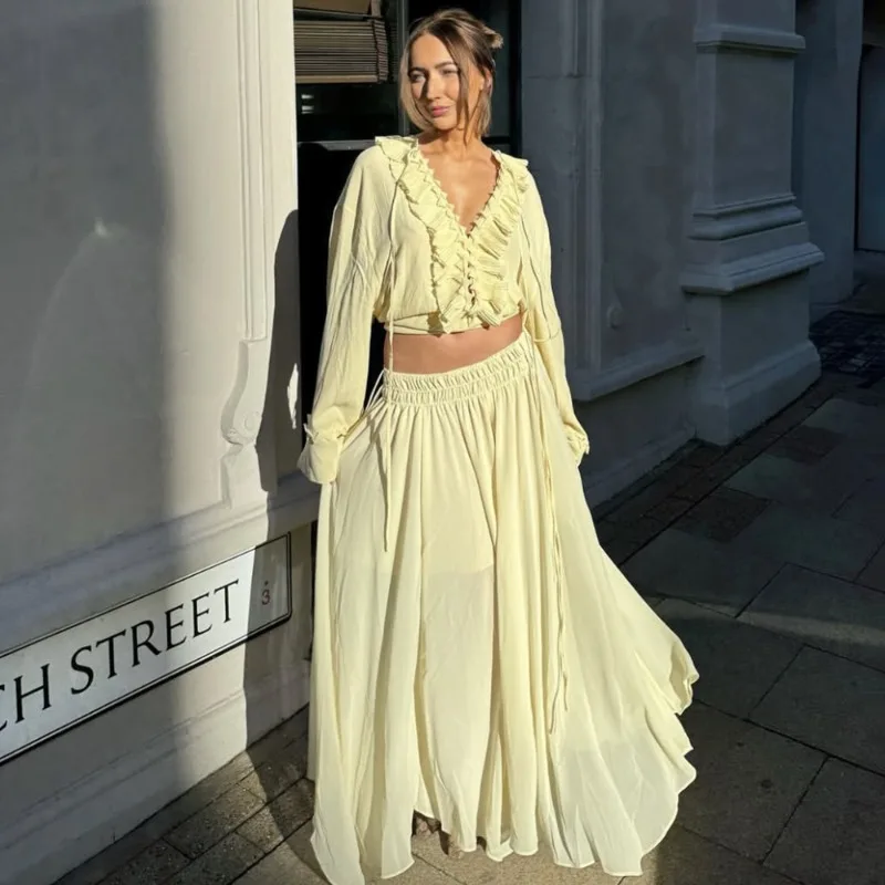 Tuularose Ruffled Skirt Suit Women's Lace Up V Neck Pleated Shirt Top High Waist Skirt Suit Female Fashion Party Slim Skirt Suit