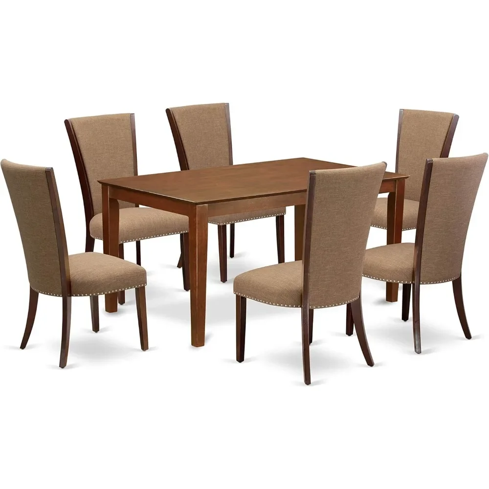 Capri 7 Piece Set Consist of a Rectangle Dining Room Table and 6 Light Sable Linen Fabric Upholstered Chairs