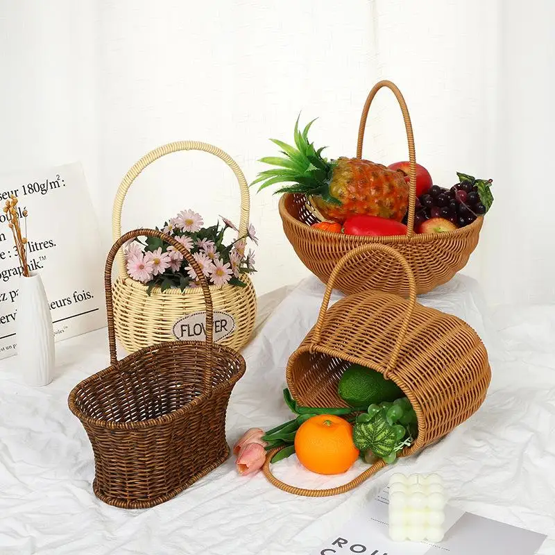 Rustic Style Wicker Handmade Plastic Basket Picnic Basket Handbag Storage Organizer Korean Brand Autumn Aesthetic Value