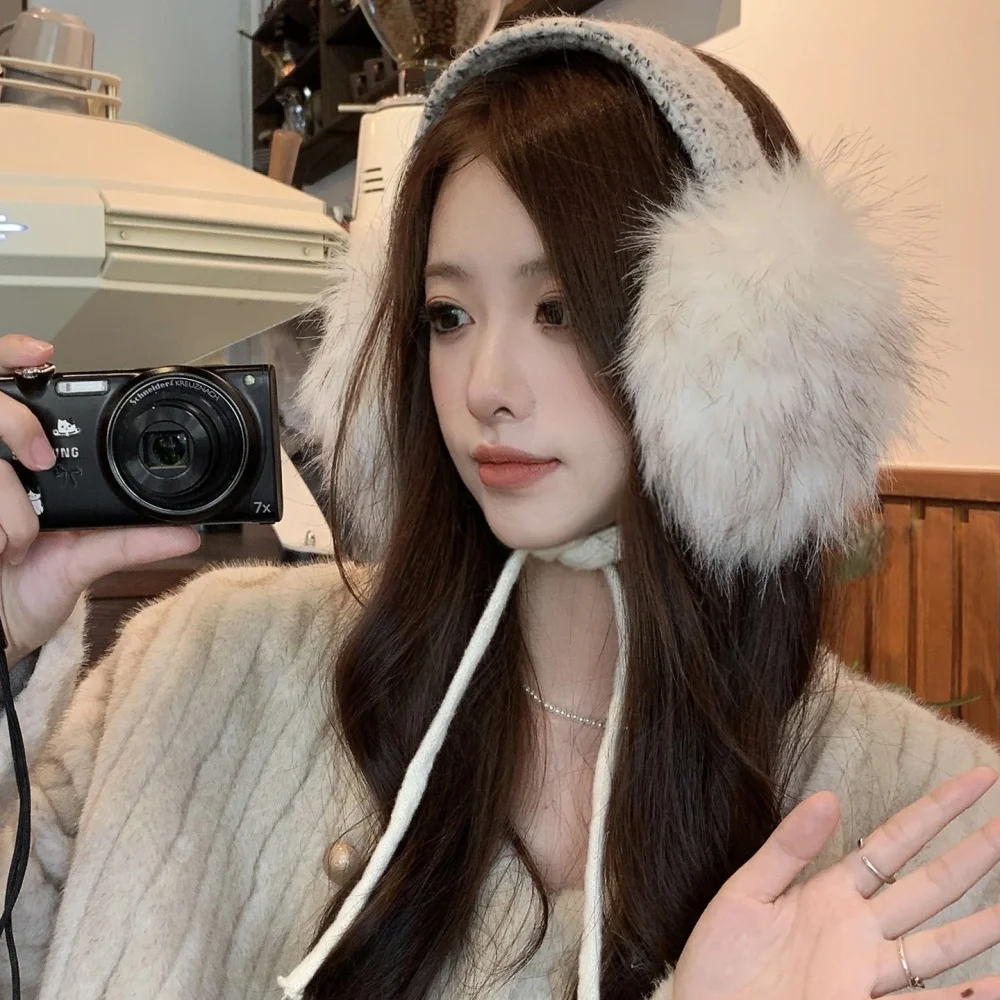 Kawaii Girls Plush Tie earmuffs Y2K Knitted Coldproof Warm Windproof Ear Warmers skiing Harajuku style winter accessories woman