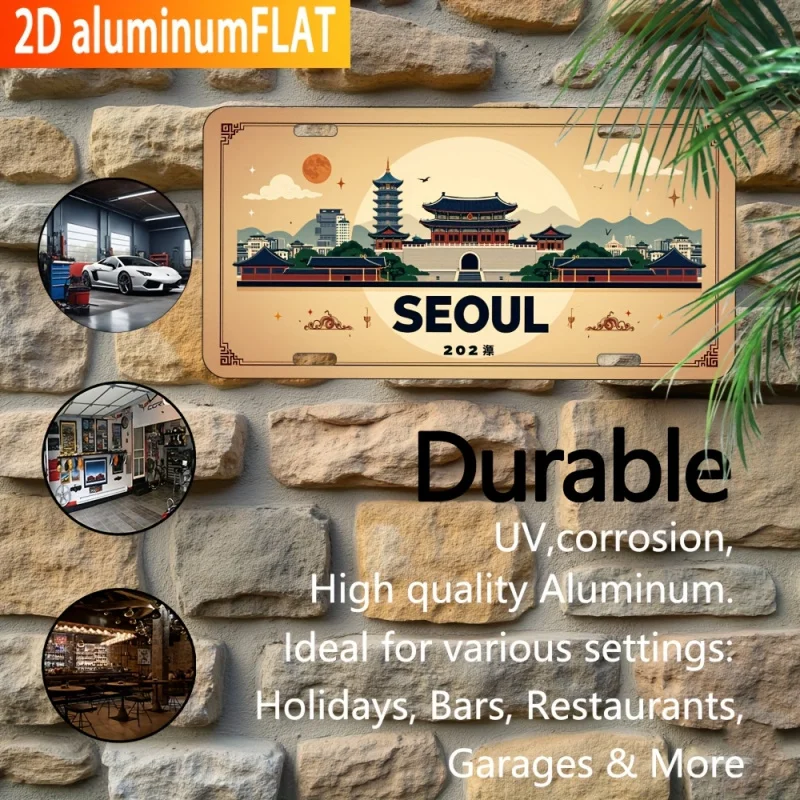 HD Aluminum Print, Vintage Seoul South Korea Traditional Palace Skyline License Plate Style Wall Art, High Definition Bend-Resis