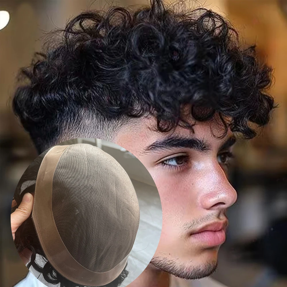 

Undetectable Vloop Natural Hairline Fine Mono PU Base Men Toupee 28MM/24MM/20MM Curly Man's 100% Human Hair Wigs Bladness System