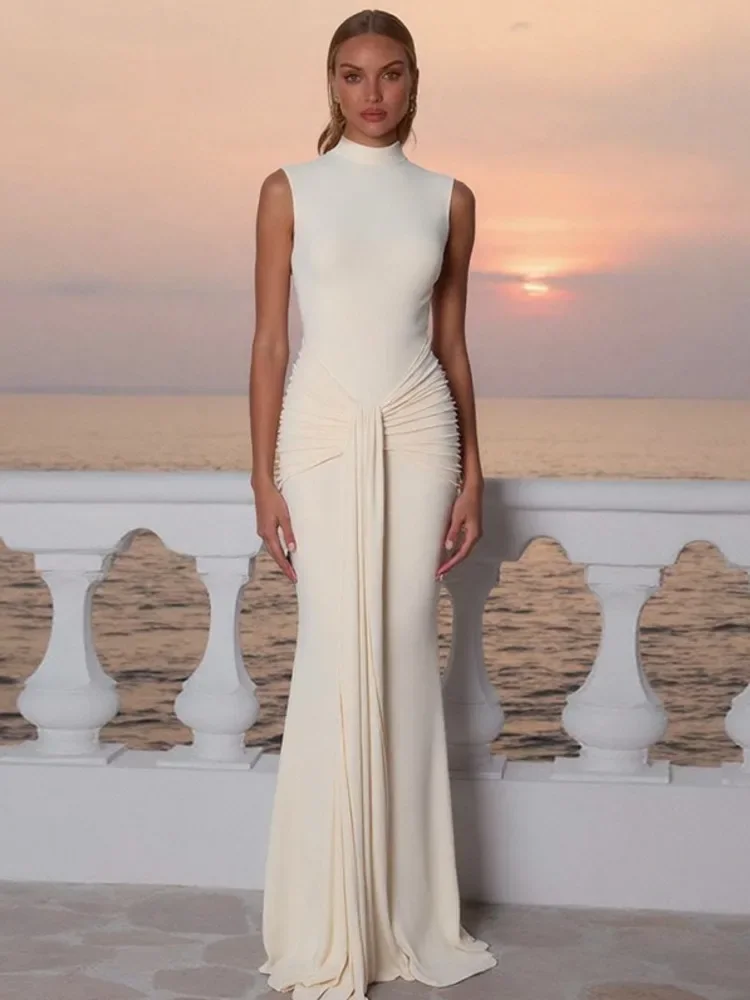 ชุดเดรสยาวเซ็กซี่แบบรัดรูป แบรนด์ XIAOTANG แบบไม่มีแขน ผ้าจับจีบ ดีไซน์เก๋ไก๋ คอสูงครึ่งตัว แฟชั่นสำหรับผู้หญิง เหมาะสำหรับงานปาร์ตี้ คลับ หรืองานกลางคืน ให้ลุคหรูหรา