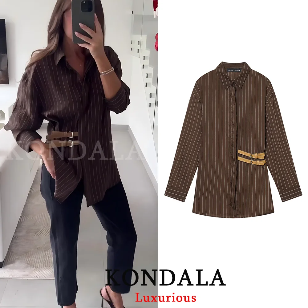 

KONDALA винтажная женская блузка в полоску с длинным рукавом и отложным воротником, однобортная свободная блузка, мода 2026, весенние офисные рубашки