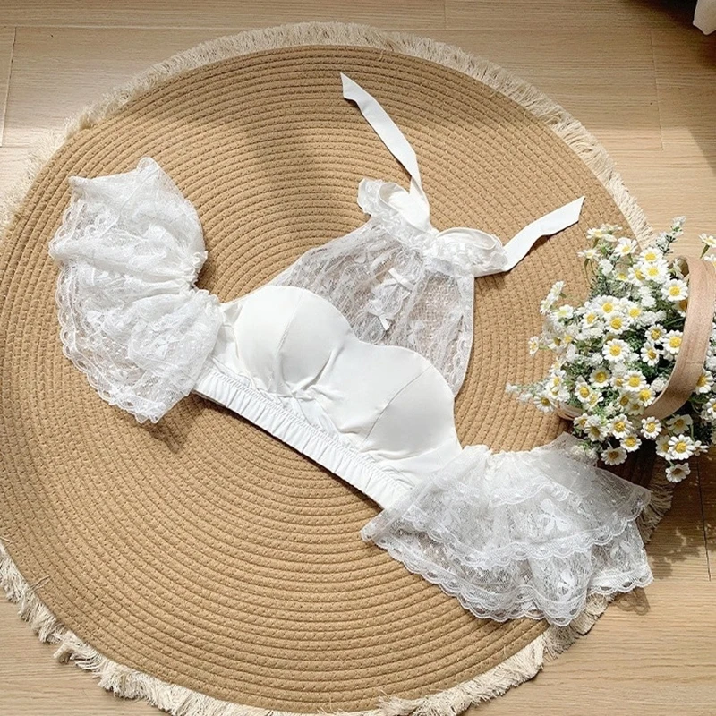 

MEXZT Kawaii Bow White Shirts Women Japanese Lolita Cutecore Cropped Lace Halter Blouses Harajuku Gothic Black Ruffles Tops New