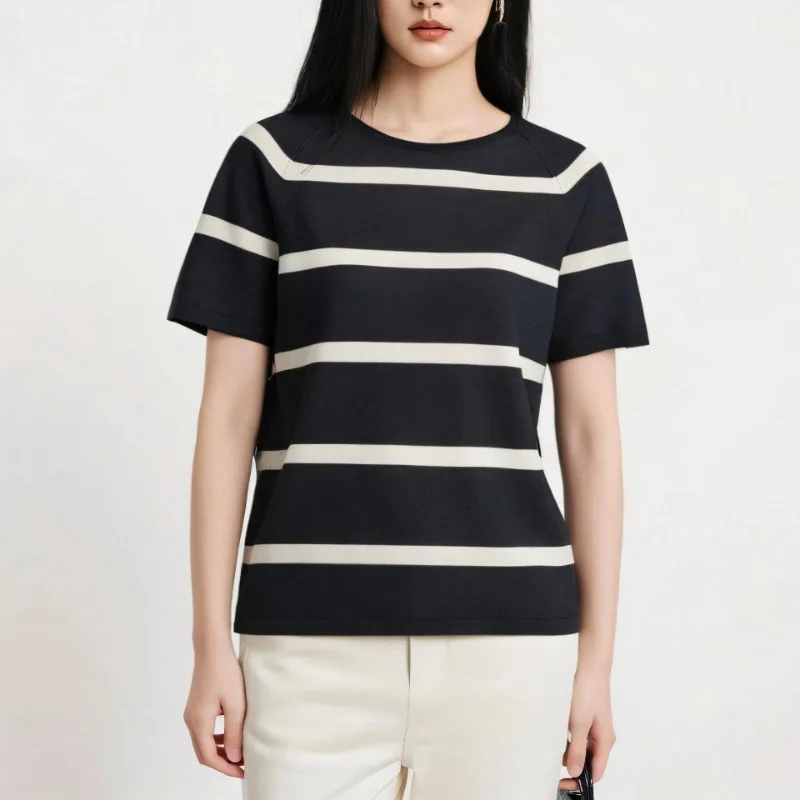 

2024 New Chic and versatile Classic Stripe Short Sleeve Knit Top