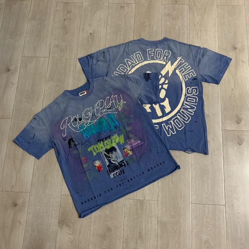 Washed Blue Rough Mens T-Shirts Men Women Hot Drill Letters Oversized Shirts