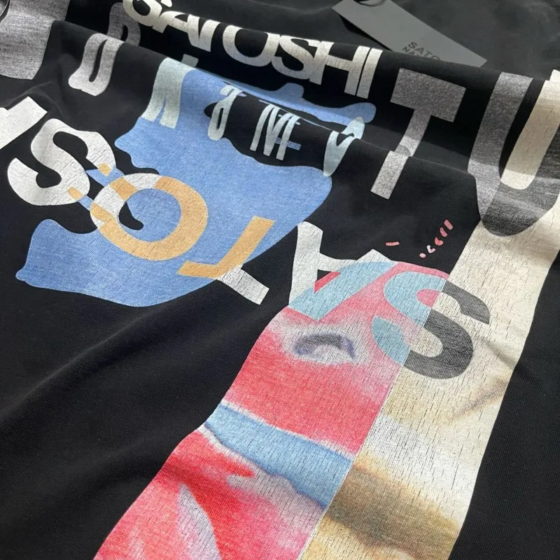 Inverted Letter SATOSHI Tshirts Direct Spray Print Cotton Vintage Washed Black Short Sleeve Tops Summer Street Men Women Outfit