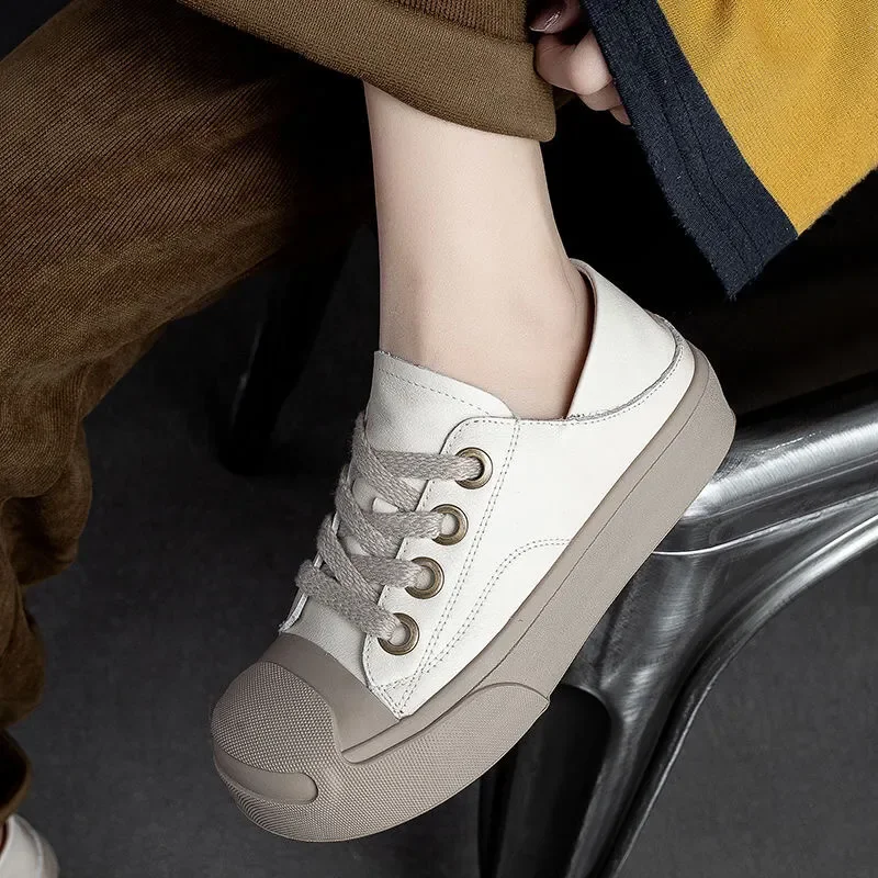 GKTINOO 2024 New Spring Genuine Leather Women Shoes Sneakers Lace-up Sewing Flat Handmade Leisure Comfortable Ladies Shoes