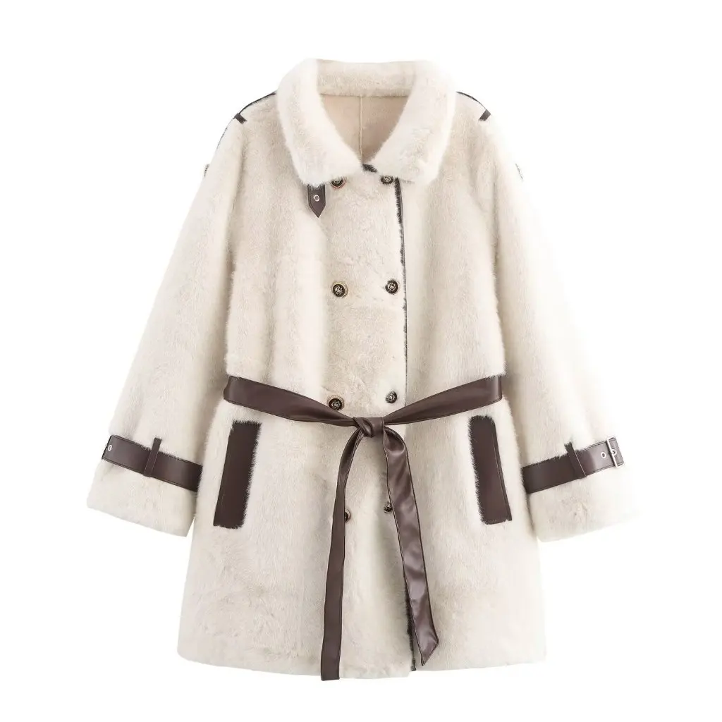 

Women's Autumn Long Stand Collar Belted Mao Coat Fur Lined Style G42716