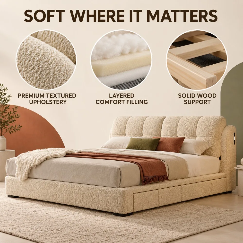 French Retro Puffy Chenille Upholstered Double Bed, Adjustable Headboard High‑Box Storage Bed for Master Bedroom Home