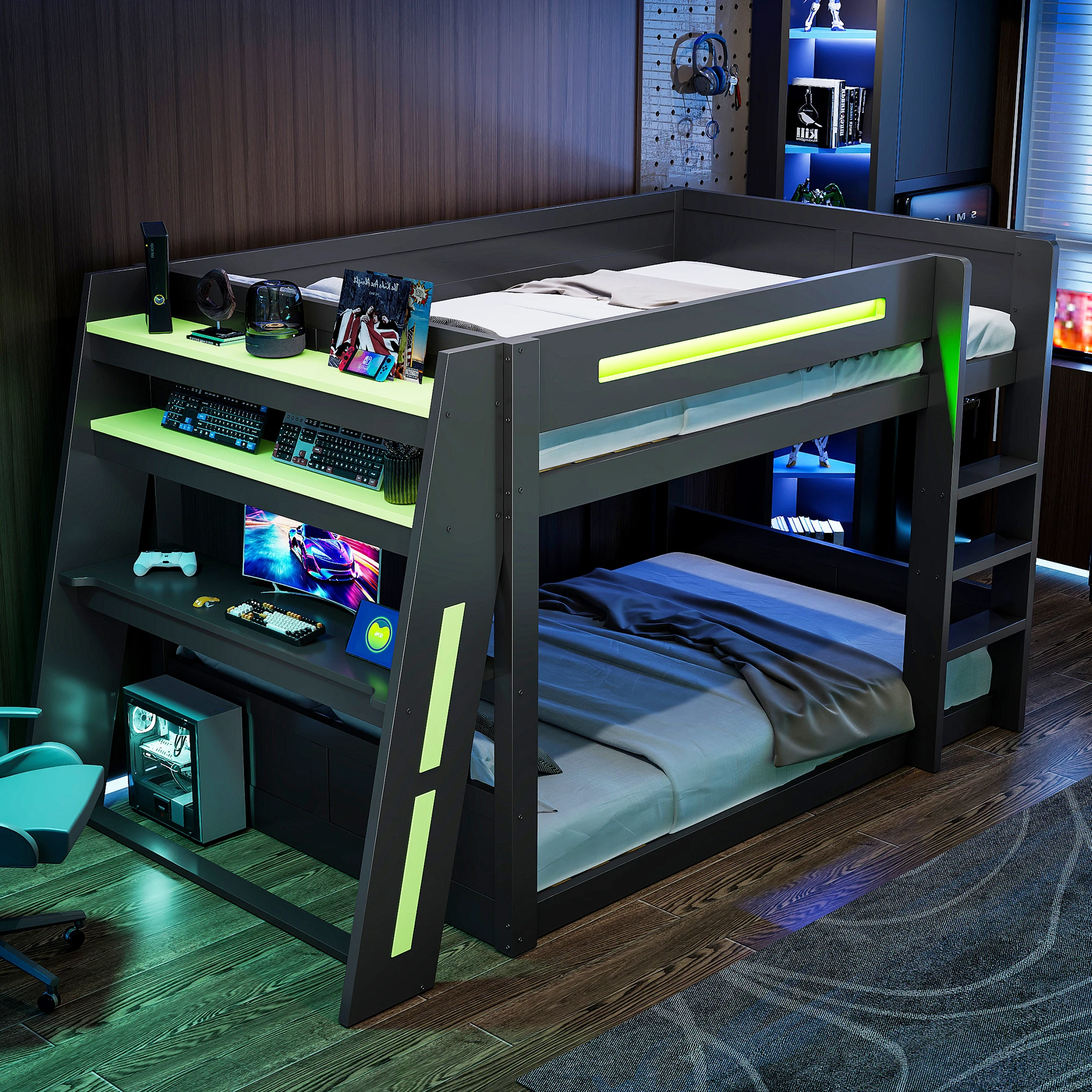 Modernes Gaming-Holz-Etagenbett 140x200cm, Multifunktionales Hochbett mit Schreibtisch, USB-Anschluss & LED-Beleuchtung, Jugendbett Wohnmöbel