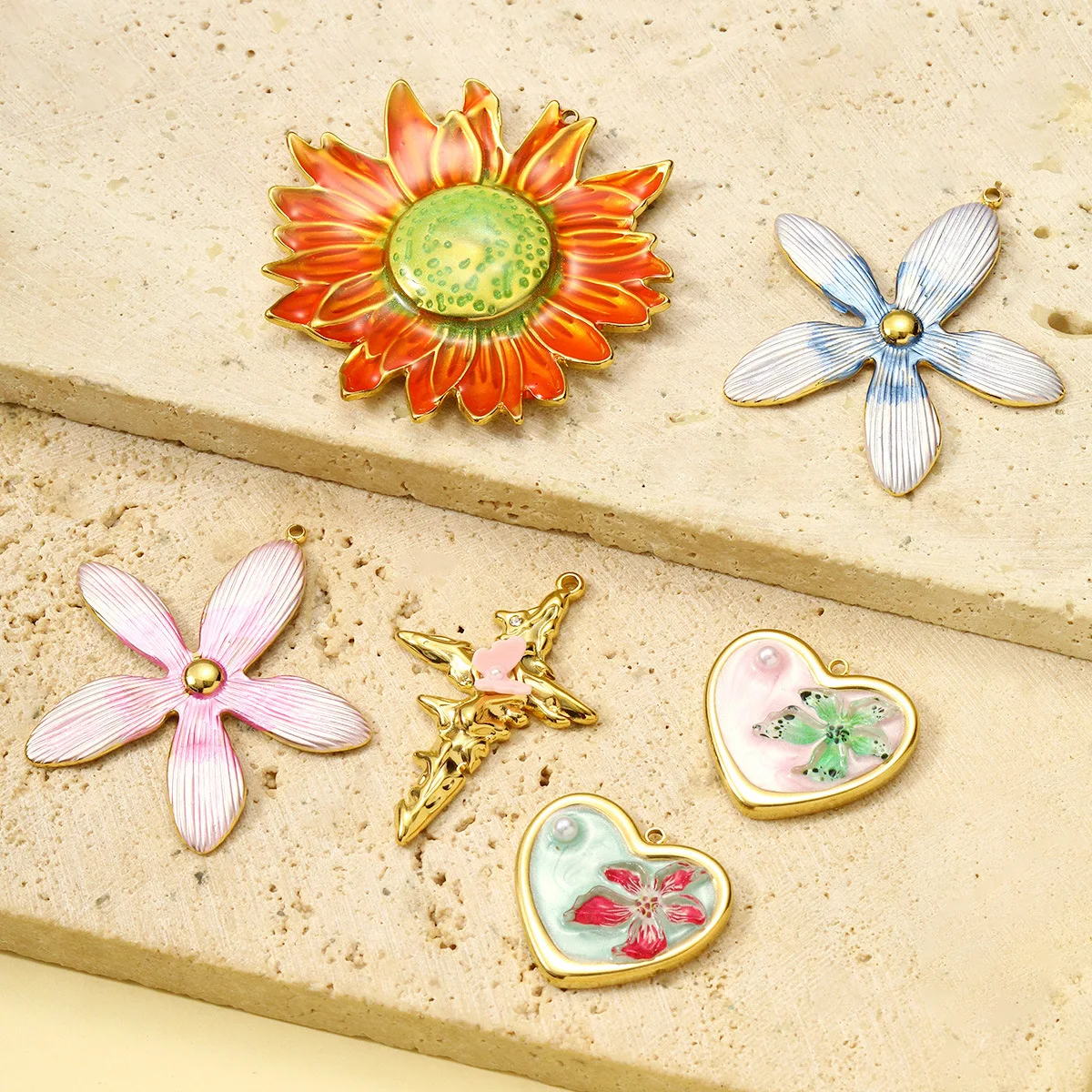 Colorful Sun Charms Enamel Stainless Steel Flower Pendant Necklace Earring Findings Metal Shell Craft DIY Jewelry Accessories