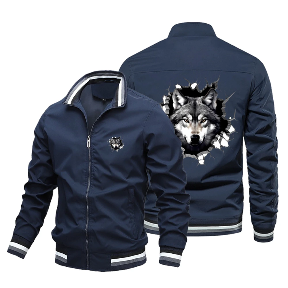 

2024 New Men's Jacket Wolf Printed Pattern Jacket Round Neck Threaded Biker Jacket Coat Fashion Tops Threaded Baseball Jacket