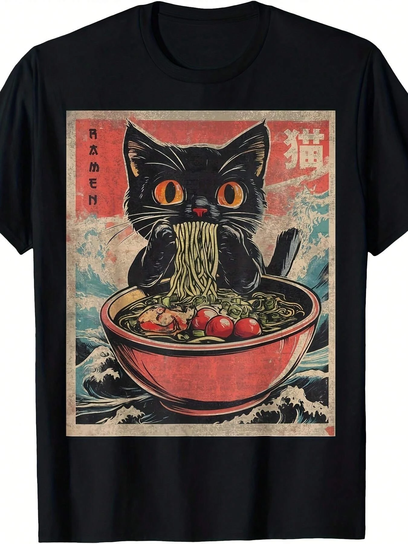 Bst Selling Fashion Summer New Street Cat Ramen Japanese Funny Graphic T-Shirt Cute Cat Anime Gift T-Shirt Men Tee