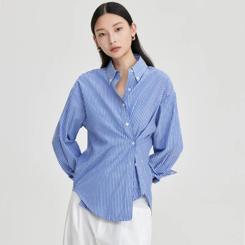 

Модная сине-белая полосатая хлопковая рубашка с длинным рукавом для женщин, осень 2024, новинка, маленький размер, элегантная офисная рубашка с воротником