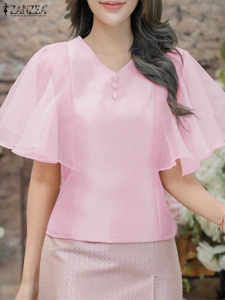 

ZANZEA 2025 Elegant Blouse Women Summer Short Sleeve Mesh Patchwork Shirts Fashion Satin Office Lady Tops V-Neck Silk Blusas
