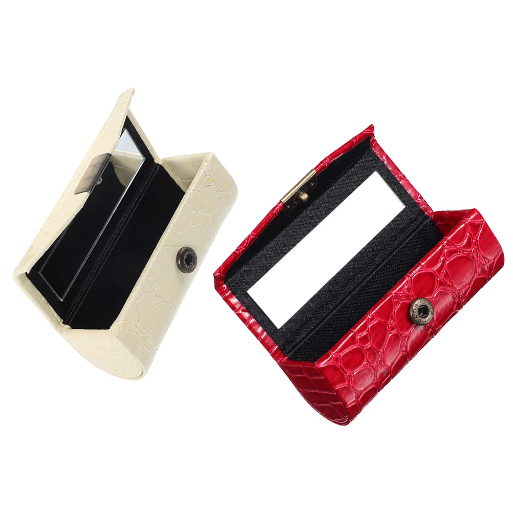 

2pcs Lipstick Box Case with Mirror Vintage PU Container Storage Holder for Women Travel Gift Red Beige