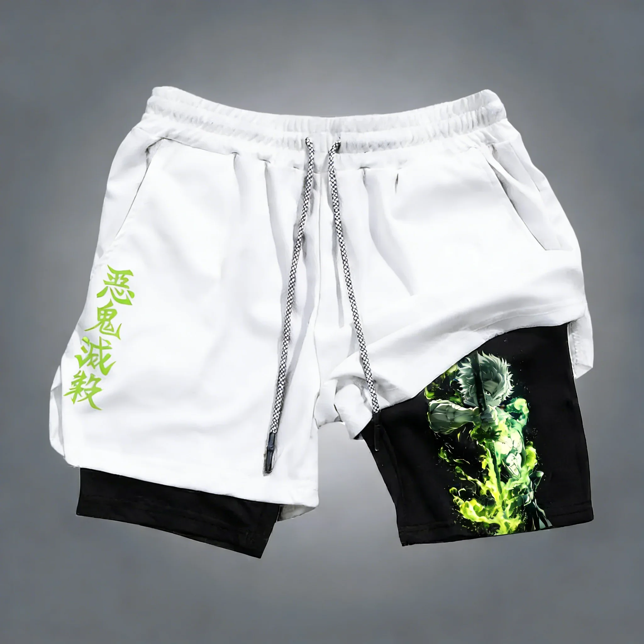 

Шорты Demon Slayer Anime 2-в-1, новые летние шорты унисекс с принтом Sanemi, быстросохнущие, для фитнеса, футбола, спорта, двухслойные шорты